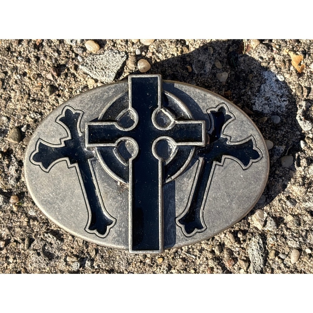 Vintage Gothic Celtic Cross Belt Buckle Pewter Black Enamel Biker Y2K Punk